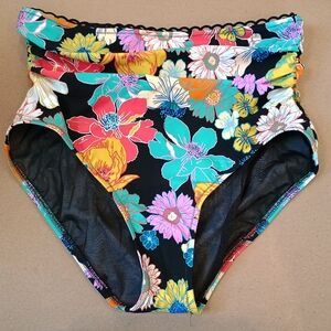 Profile By Gottex Sz 16 Swim High Waisted Bikini Bottom Floral Black Colorful